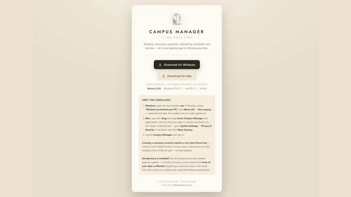 The download page, in the product's parchment and graphite.