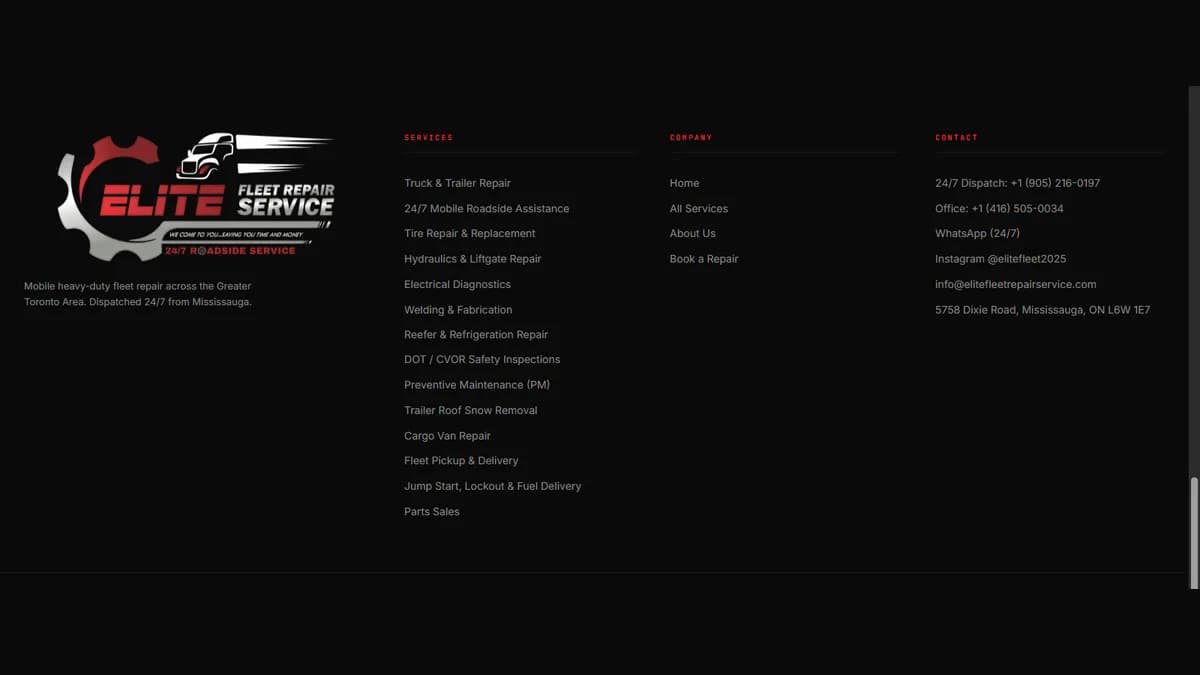 The footer: every service, one number, the full lockup.