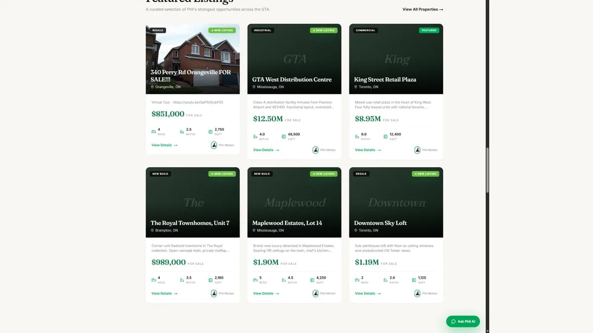 Featured listings, styled as editorial cards with live pricing.